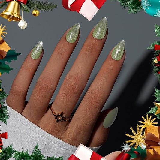 KQueenest Cat Eye Press On Nails Short, Christmas Press On Nails Almond, Sparkle Light Green Fake Nails With Glue, Recycled Soft Gel Glue On Nails for Woman, Long-Lasting Glitter Effect, 30 Pcs