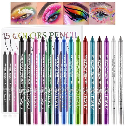 Colorful Eyeliner Pen Set, 15Colors Eye Shadow Pencil, Pearl Eyeliner Kit Metallic Glitter Colored Eye liner for Women Eye&Lip Liner Professional Waterproof Eye Makeup