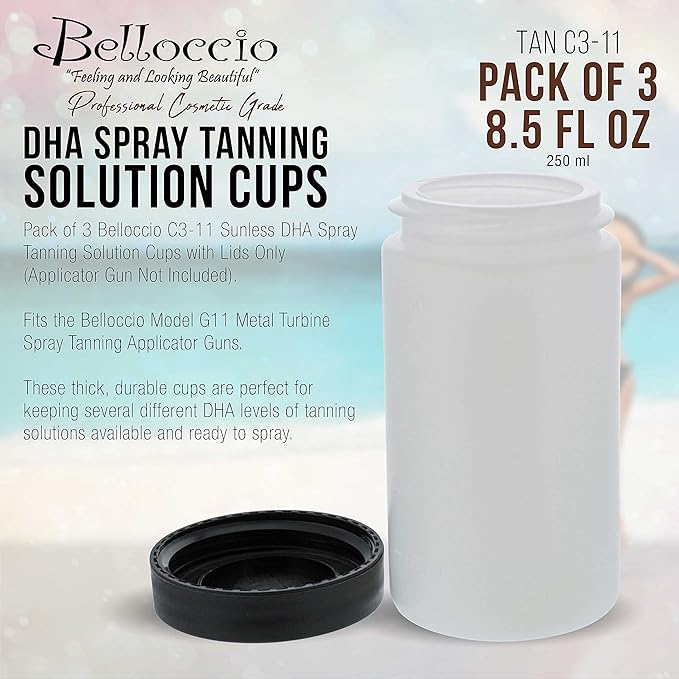 Pack of 3-8 ounce solution cups with lids; Cups Fit the Belloccio Model G11 Metal Turbine Spray Tanning Gun (Gun Not Included)