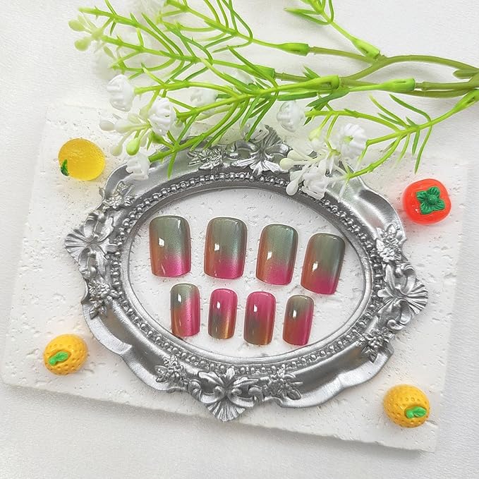 Cat Eyes Press on Nails Medium Square Fake Nails with Green Pink Orange Gradient Designs Glossy Glue on Nails Cute Acrylic Nails for Women 24Pcs