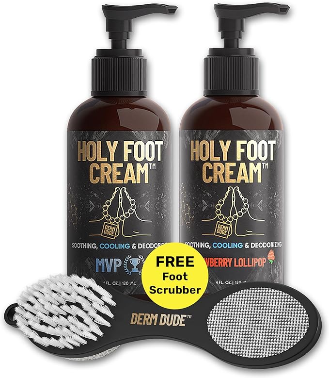 Derm Dude Holy Foot Repair Set | 2X Foot Creams Plus 4-in-1 Foot Scrubber Repair Tool | W/All-Natural DeoPlex for Odor Control - MPV & Strawberry