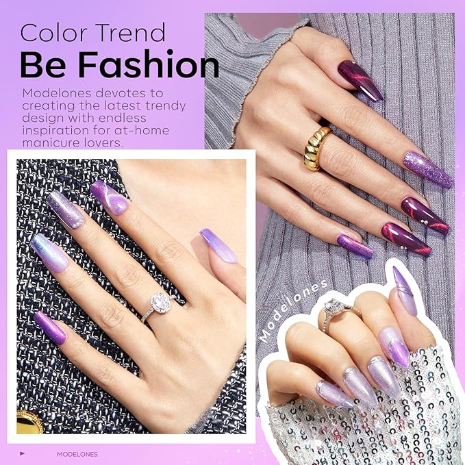 modelones Gel Nail Polish Set 6 Colors Purple Silver Cat Eye Gel Nail Polish Glitter Purple Chameleon Sparkle Silver Shade Shimmer Magnet Polish Soak Off Led Nail Art DIY Salon Gift For Women Girl