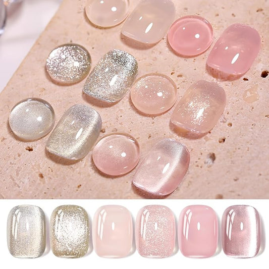 Born Pretty Gel Nail Polish Nude Pink Series,Jelly Transparent,Cat Magnetic Eye,Shimmer Glitter Holographic Nude Pink Gel Polish Kit for Salon Manicure and Nail Art DIY at Home 6Colors