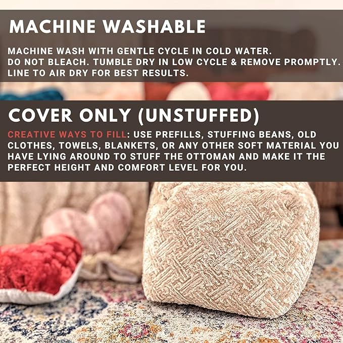 DaDalogy Bedding Champagne Ivory Gold Faux Fur Ottoman Pouf Cover - Nude Neutral Elegant Cozy Soft Pattern with Zipper (Unstuffed) Large 18" x 18" x 18"