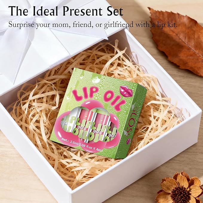 4 Colors Lip Oil with Brown Lip Liner Set, Hydrating Lip Combo Moisturizing Tint Lip Gloss Smooth Highly-Pigmented Matte Lip Liner Pencil Nourishing Non-sticky Shaping Plumping Lips Daily Makeup