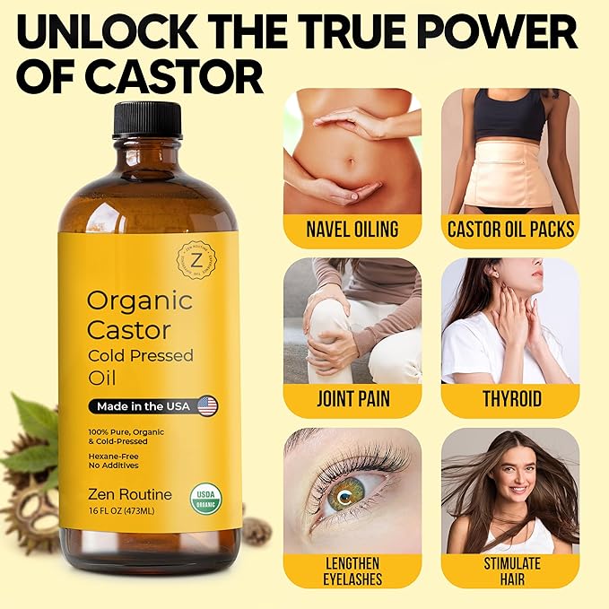 Zen Routine Organic Castor Oil (Glass Bottle - 16oz / 2-Pack) Hexane Free – Hair Growth Oil, Eye Lashes & Stomach, Pure 100% Cold Pressed Unrefined Castor Pack Wrap – USDA Certified, Made in the USA