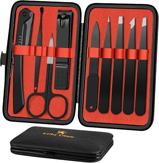 Tweezers Set and Nail Clippers 8Pcs Precision No Gaps Eyebrow Tweezer Kit for Facial Hair Men & Women Travel Tweezers with Leather Case (Black/Red)