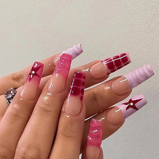 BABALAL Pink Star Press on Nails Long Coffin Fake Nails French Tip Glue on Nails Acrylic Nails 3d Texture Water Wave Design Y2k Stick on False Nails 24Pcs Ballerina Nails Press on