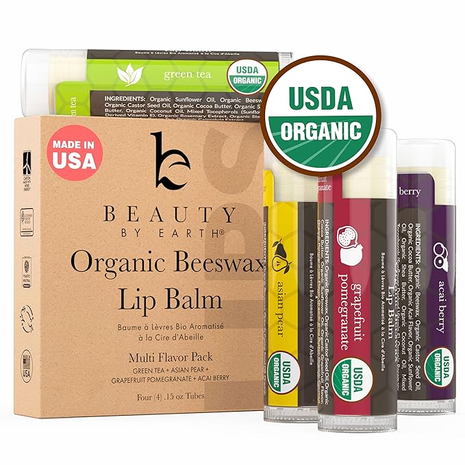 Organic Lip Balm Multi Flavor - 4 Pack Organic Gifts for Women, All Natural Lip Balm, Gift Set for Women, Lip Balm Hydrating Beauty Gifts, Small Birthday Gifts, Lip Moisturizer, Chapstick, Lip Care