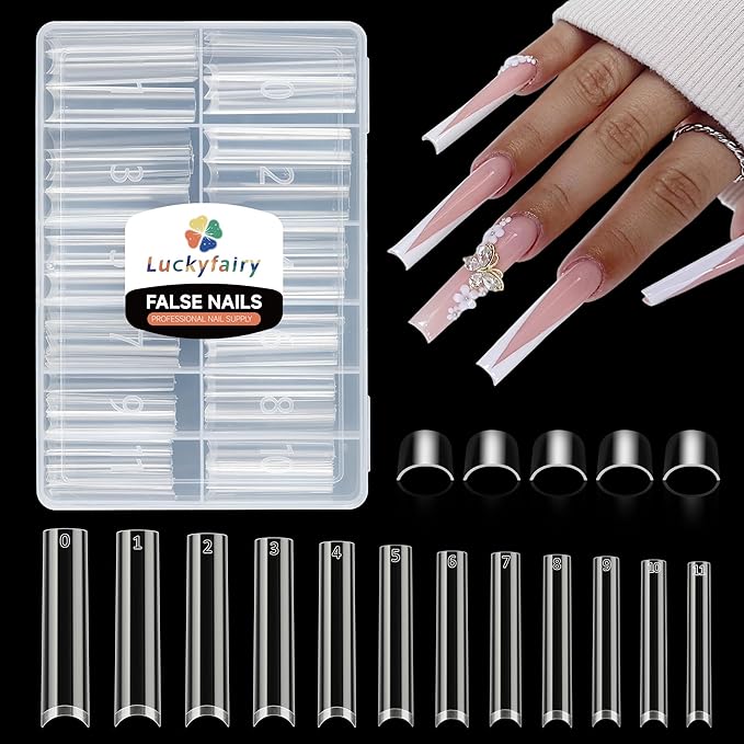 3XL No C Curve Square Acrylic Nail Tips, 120pcs Extra Long Straight Tapered Acrylic Gel Fake Nails, Matte Half Cover Clear Gelly Press on for Extension Manicure Home DIY 12 Sizes Gelly Tips