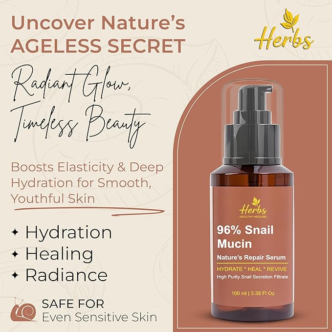 Herbs Healthy Healing Snail Mucin 96% Essence – Korean Hydrating Face Serum (3.38 fl oz) – Nourishing Skincare for Fine Lines, Uneven Tone & Dehydrated Skin – Lightweight, Fast-Absorbing Formula