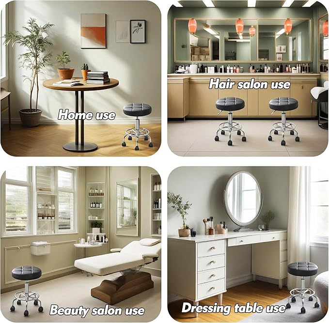 Rayyl Rolling Stool with Wheels Classic PU Leather - 400lb Capacity with Quiet Wheels, 360° Swive Adjustable Height, Ultra-Comfort Seat, for Salon Tattoo Work Home SPA Shop Use (Black)