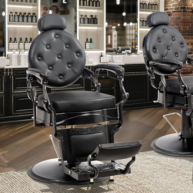 OmySalon Retro Barber Chair Heavy Duty, Aluminum Alloy Frame, Adjustable Headrest, Extra Wide Footrest, Hydraulic Salon Chair for Hair Stylist Reclining All Purpose for Beauty Spa Shampoo Styling
