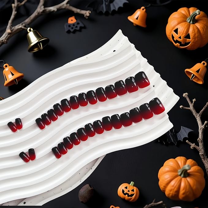 KQueenest Ombre French Press on Nails Short Square, Dark Red Black Fake Nails Short Coffin, Gradient Color Acrylic Nails Press Ons, Soft Gel Glue on Nails for Women Christmas Decoration in 30 Pcs