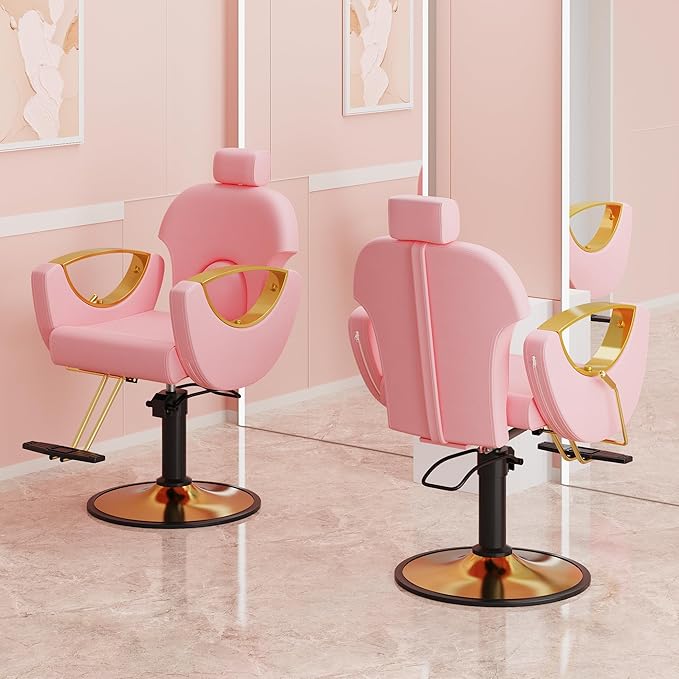 Barber Chair, Reclining Hair Salon Chair, 360 Degrees Swivel Styling Chair, Height Adjustable Hydraulic Shampoo Chairs, Spa Equipment (Pink)