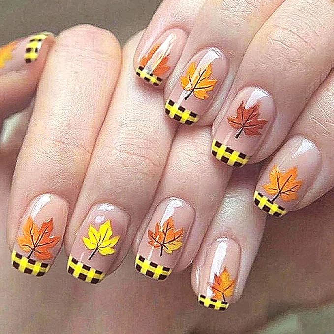 Maple Leaf Press on Nails 24Pcs Glossy Yellow Grid French Tip Acrylic Fake Nail Thanksgiving Medium Square False Nails Fall Leaves Stick on Fingernails Autumn Gel Glue on Nail for Coquette Women Girls