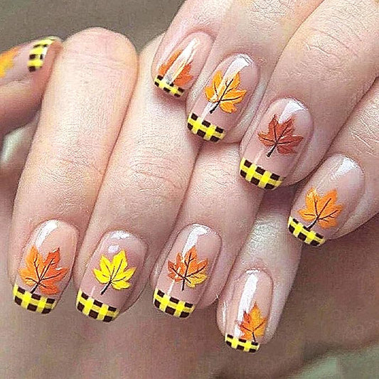 Maple Leaf Press on Nails 24Pcs Glossy Yellow Grid French Tip Acrylic Fake Nail Thanksgiving Medium Square False Nails Fall Leaves Stick on Fingernails Autumn Gel Glue on Nail for Coquette Women Girls