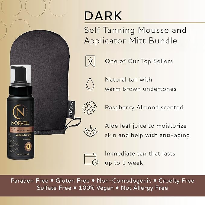 Norvell Sunless Dark Self Tanner Mousse with Mitt, 8 Fl Oz + Streak Free Tanning Applicator Mitt - Instant Natural Looking Bronzing Glow