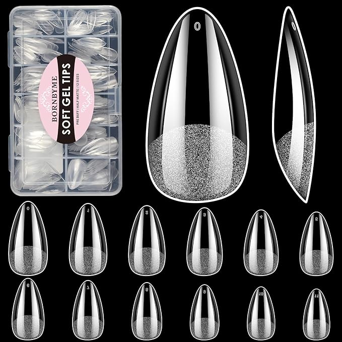 Short Almond Soft Gel Nail Tips, BORNBYME 216 PCS Pre Buff Full Cover Shaped Nail Extenison Tips Half Matte Gel Nail Tips