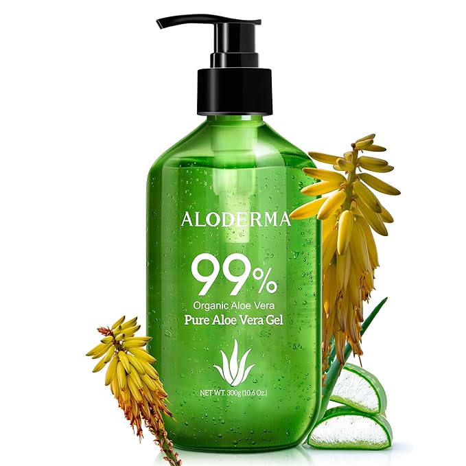 Aloderma 99% Organic Aloe Vera Gel Made within 12 Hours of Harvest - Lightweight, Non-Sticky Aloe Gel for Face Body, Hair, & Scalp, After Sun Relief, Natural, Soothing Hydrating Aloe Gel, 10.6oz