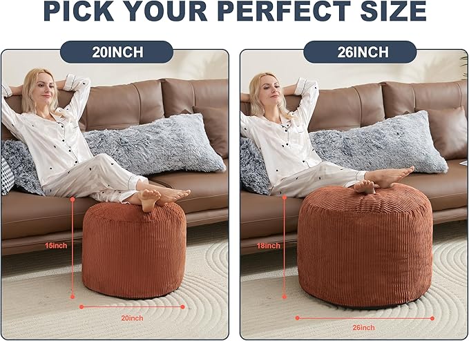 Pouf Ottoman Foot Stools with Foam Small Ottoman for Living Room Corduroy Ottomans Pouf 26x18 Floor Poufs Foot Rest for Chair Orange Hassocks and Ottomans
