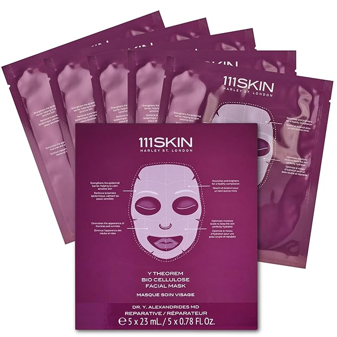 111SKIN Y Theorem Bio Cellulose Facial Mask for All Skin Types, Hydrating Face Mask with NAC Y2, Ectoin & Centella Asiatica, Enhances Skin Elasticity, Skincare Sheet Masks for Self Care, 5x 0.78 fl oz