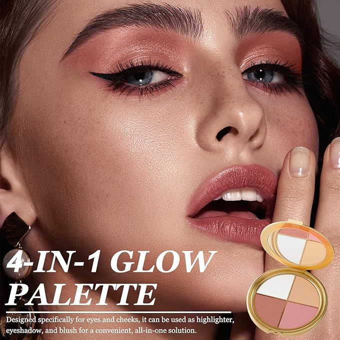 Eye & Cheek Palette - Eyeshadow and Highlighter Makeup, Face Highlighter Palette for Women, Multitasking Blush, Highlighting Eye & Cheek Palette, 4-In-1Makeup Palettes Kit, Natural Glow Contour Powder