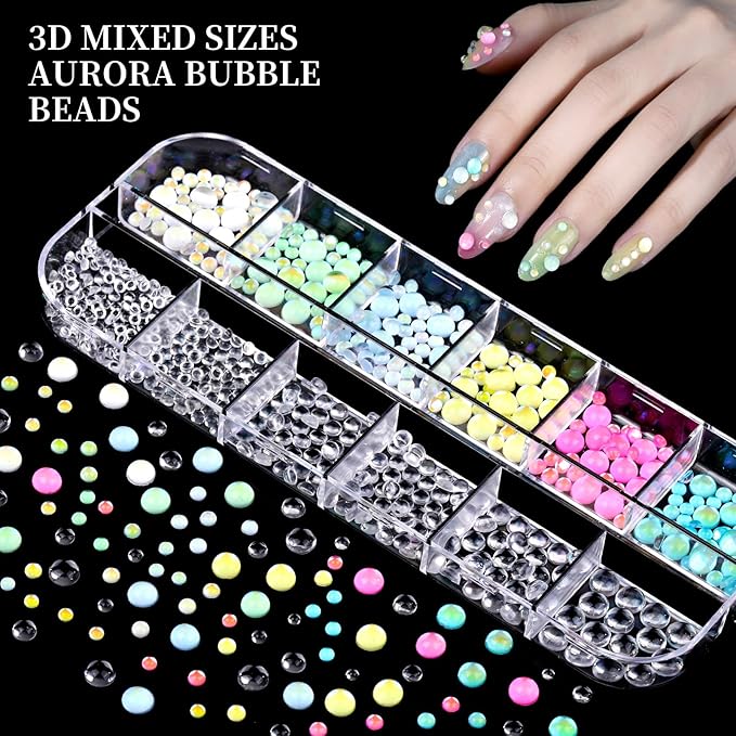 FANDAMEI Nail Charms, 8-Box Nail Charms and Gems, Fruit Bow Hawaii Flowers Petals 3D Nail Art Charms Bulk, Charms Y2K for Nails, Colorful Bubble Beads Nail Rhinestones, Gold Studs Nail Pearls for DIY
