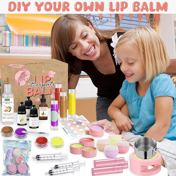 Lip Balm Making Kit - DIY Lip Gloss Kit to Make Your Own Lip Balm with Natural Beeswax, Lip Base Oil, Essential Oil, Tubes, Jars Lip Balm Craft Kit For Adults Girls Moisturizing Lip Care Kit