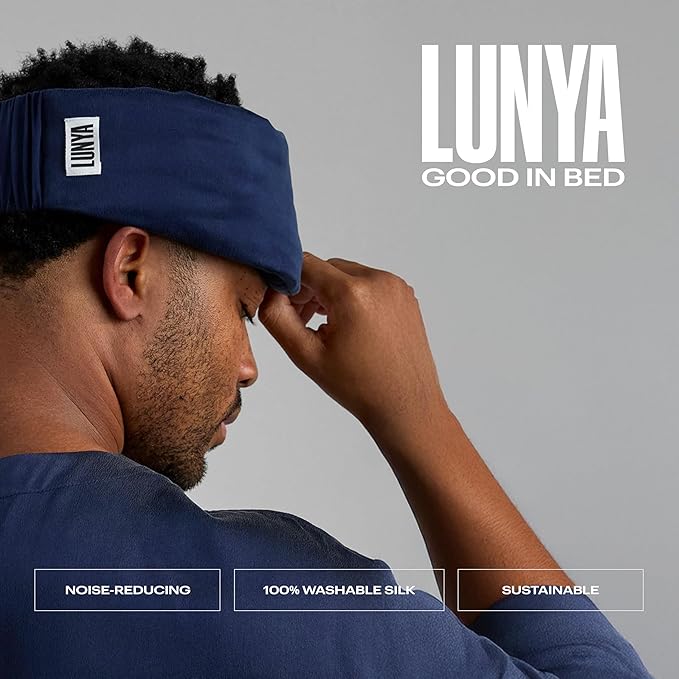 Lunya Sleep Mask with Box - Washable Silk Sleeping Mask and Headband for Beauty Routines - Thermoregulating Comfort for Restful Nights - Silk Eye Mask for Women - Large - Deep Blue