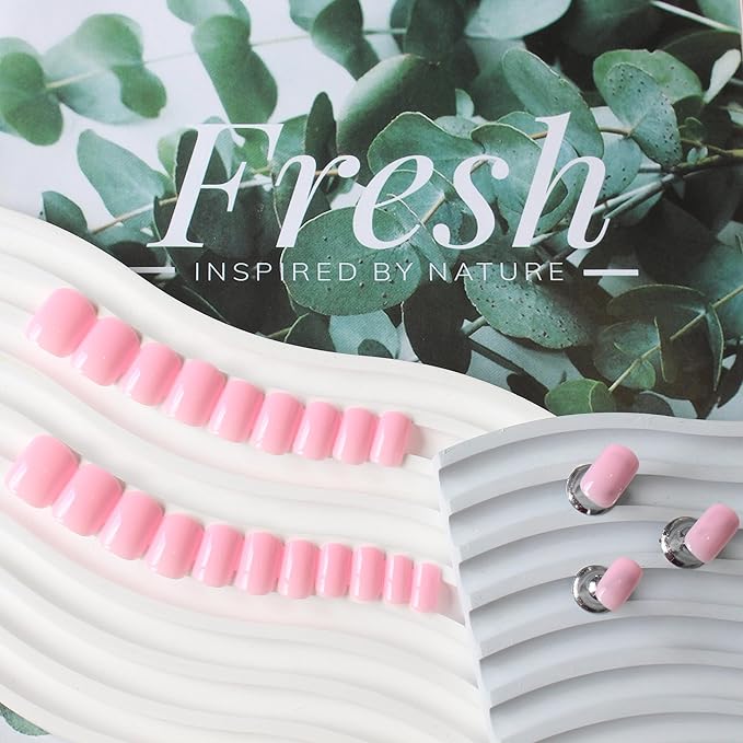 KQueenest Rose Baby Pink Square Press on Nails Short, Fake Nails Short Coffin, Pure Bright Color Natural Petite Nails, Solid Stick on Nails Press on for Women Daily Office Manicure