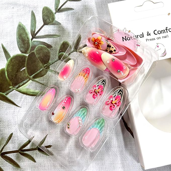 3D Acrylic False Nail French Tip Press on Nails Short Almond Flower Pearl Pattern Design Colorful Smudge Artificial Fingernails Press Ons Artificial Stick on Nails for Women 24Pcs