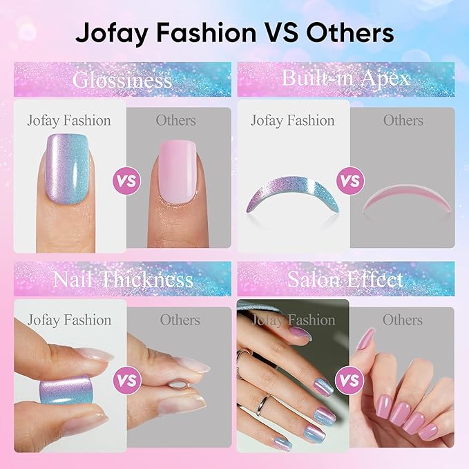 Press on Nails Short, Jofay Fashion Fake Nails, Two-color Ombre Cat Eye Press on Nails, Summer Acrylic False Nails, Reusable Stick on Nails for Women Girls, Glue on Nails Kit 32 Pcs, Twilight Purple