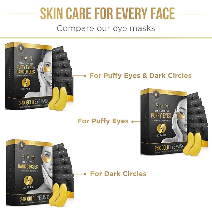 DERMORA Skin Treatment Mask 24K Gold Eye Mask - 20 Pairs Eye Gels - Rejuvenating Treatment for Dark Cirlce,Puffiness,Refresh,Revitalizing,Travel,Wrinkles