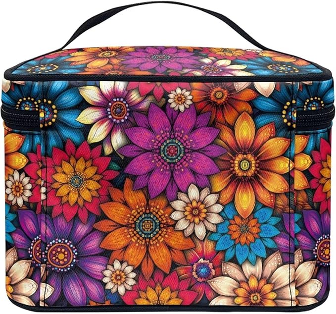 Vibrant Hippie Flower Pattern Travel Makeup Bags for Women Portable Tote Cosmetic Case with Carry Handle Toiletry Accessories Storage Organizer Bags