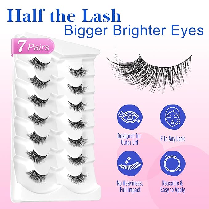 Bepholan Half False Eyelashes Natural Look 3D Cat Eye Lashes 7 Pair Thin Soft Clear Band Cat Eye Lashes Fluffy Faux Mink Eyelashes Easy to Apply(BH306)