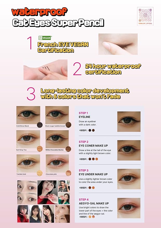 TWINKLENT Cat Eyes Super Pencil – 24-Hour Long-Lasting Waterproof Gel Eyeliner, Multipurpose Vegan Eye Makeup, Built-in Sharpener, 6 Shades (1-Cold Brew Black)