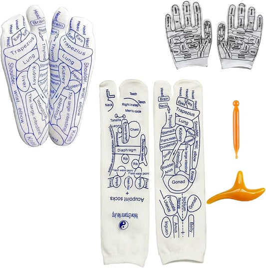 COLSA Reflexology Socks with Tools,Acupoint Socks Set,Beginner Acupoint Massage Tools Large Triangular Sparrow+acupoint Stick(1 Women 1 Men+Gloves)