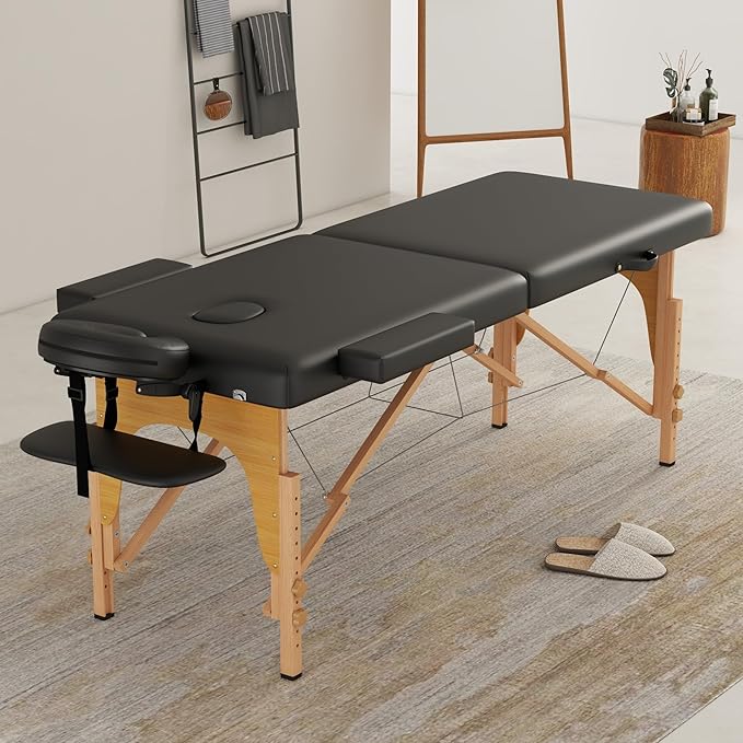 Massage Table Massage Bed, 27'' Wide Portable 2 Section Foldable Tattoo Bed, Height Adjustable Lash Spa Bed with Face Cradle, Home Light Weight Facial Salon Bed with Wood Frame, Black