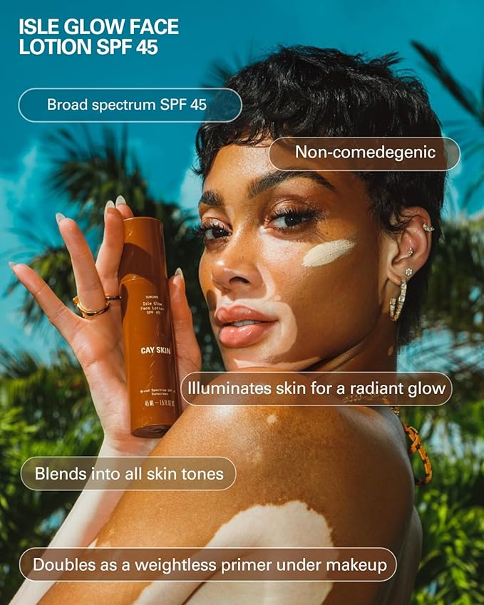 Cay Skin Isle Glow Face Moisturizer SPF 45 – Illuminating Moisturizer, Broad Spectrum Sunscreen + Makeup Primer – Lightweight, Pearlescent Formula with Radiant Finish for All Skin Types – 1.5 oz.