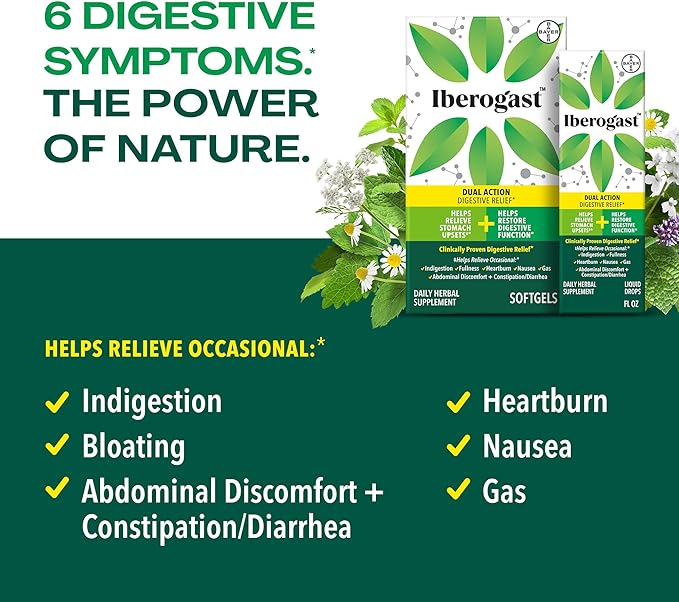 Iberogast Liquid Drops, Herbal Relief of Stomach Upsets: Occasional Indigestion, Bloating, Gas, Nausea, Upset Stomach; Gluten Free; 6-Herb Blend with Iberis Amara, Peppermint, Licorice; 50mL