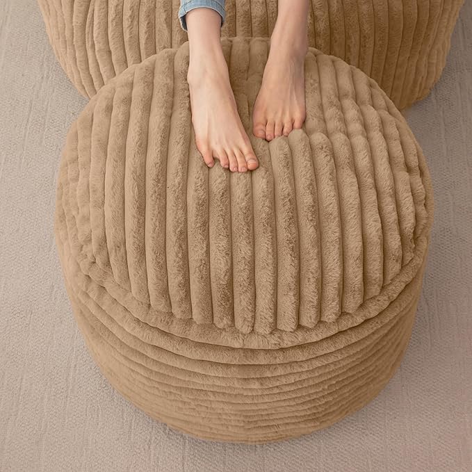 HIGOGOGO Round Stuffed Pouf Ottoman, Corduroy Poufs with High-Density Foam Filling, Furry and Fluffy Pouf Foot Stool Storage Ottoman, 20 X 15 Floor Poufs Foot Rest for Living Room, Brown