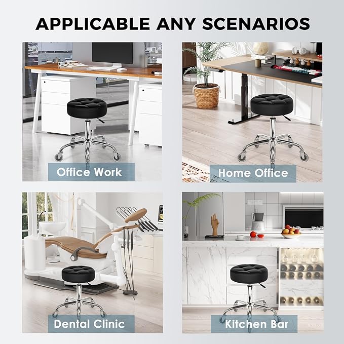 BEWISHOME Rolling Stool with Wheels, Adjustable Stool Heavy Duty 450lb, 360° Swive Rolling Chair for Massage Spa Medical Tattoo, PU Thick Seat Padding Salon Chair(Black) BYD01B