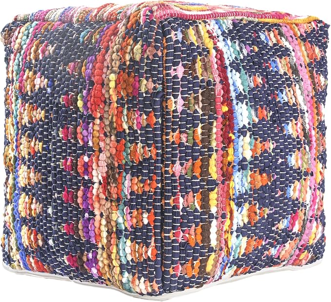 LR Home Denim Bordered Shabby Chic Hand-Loomed Cotton Jute Cube Pouf for Home Decor | Hand-Made Farmhouse Foot Rest for Bedroom & Living Room Decor | 18 x 18 x 18 Stuffed Ottoman for Seating