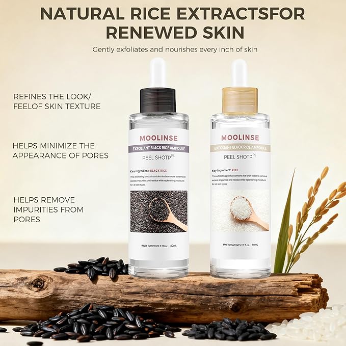 Peel Shot Rice Ampoule Duo, 2PCS Black & White Rice Exfoliant, with Black Rice Extract and White Rice Essence, Gently Exfoliates | Refines the Look of Pores | Deeply Hydrates, for Most Skin Types