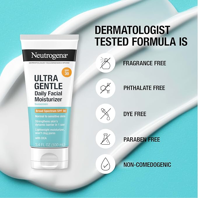 Neutrogena Ultra Gentle Daily Facial Moisturizer with SPF 30 Sunscreen with CICA, Lightweight Face Lotion with Broad Spectrum SPF 30 for Normal to Sensitive Skin, Fragrance-Free, 3.4 fl. oz