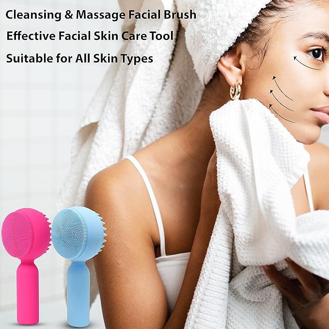 2 PC Silicone Facial Cleansing Brush 2 in 1 Facial Scrubber Manual Exfoliating Facial Brush Face Cleanser Face Exfoliator Ultrafine Bristles for Sensitive Skin Easy to Clean Lather Well(Blue&Rosered)