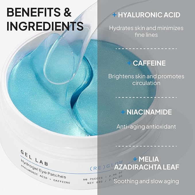 Gel Lab REGLOW Hyaluronic Acid & Caffeine Korean Skincare Eye Patches for Puffy Eyes, Dark Circles, and Wrinkles - Hydrating Under Eye Mask - 60 Gel Patches