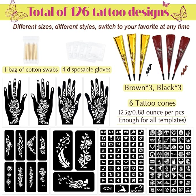 126 PCS Temporary Tattoos Stencils Kit,Temporary Tattoos Kit - 6 Pcs 2 Color(Brown Black) Ink with Gloves,DIY Body Art Painting for Women Men Adults Kids
