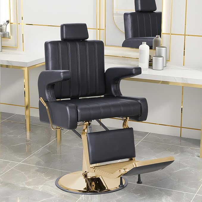 FHFO Barber Salon Hair Chairs for Barbershop, Hydraulic Barber Chair 360° Swivel Reclining, Adjustable PU Leather Beauty Salon Chair for Barbershop Spa Black/Gold